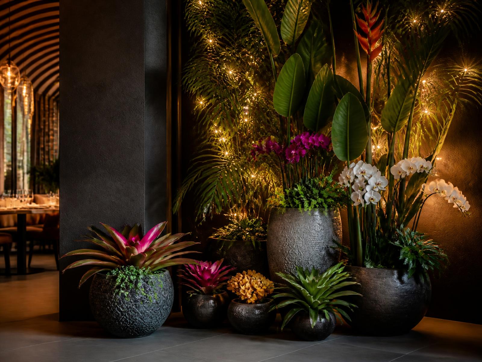 Potted plants and flower arrangements of multiple sizes