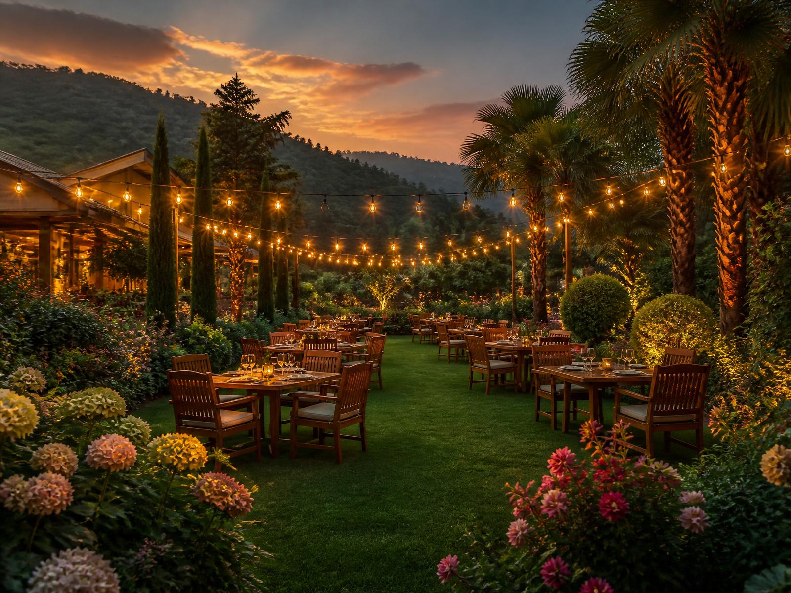 Manicured lawn seating with wooden dining tables, blooming plantation and mountain backdrop at golden hour