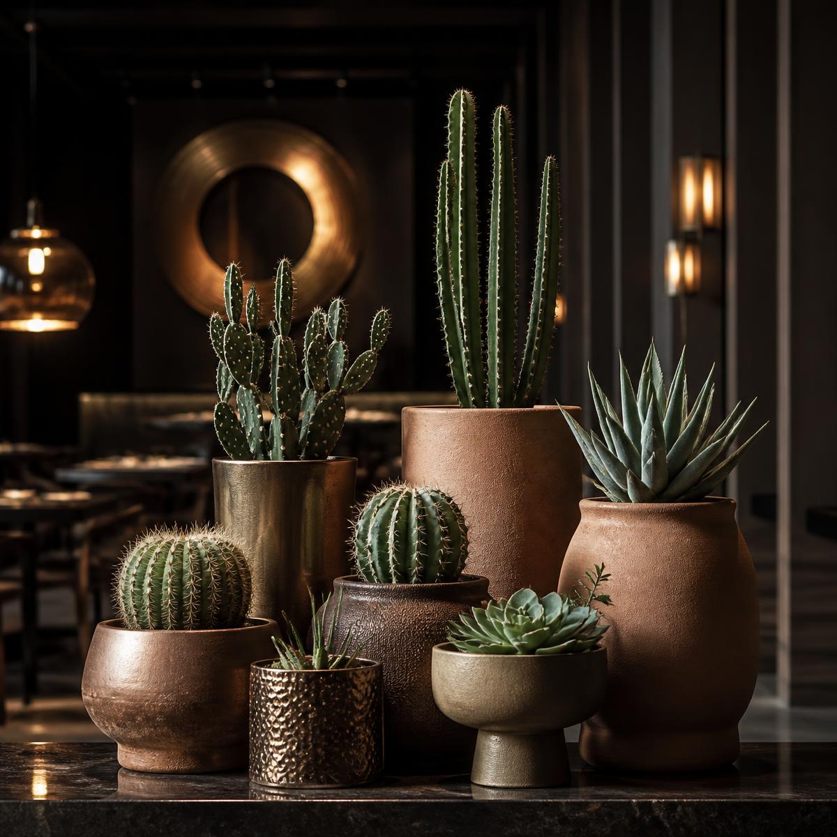 Cacti and succulents in sculptural ceramic and metallic pots