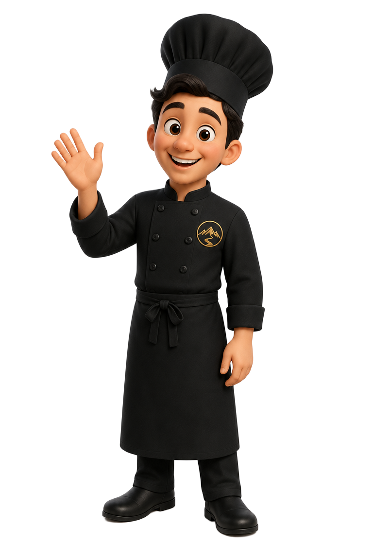 Cartoon chef in a black The 17th Mile uniform waving hello