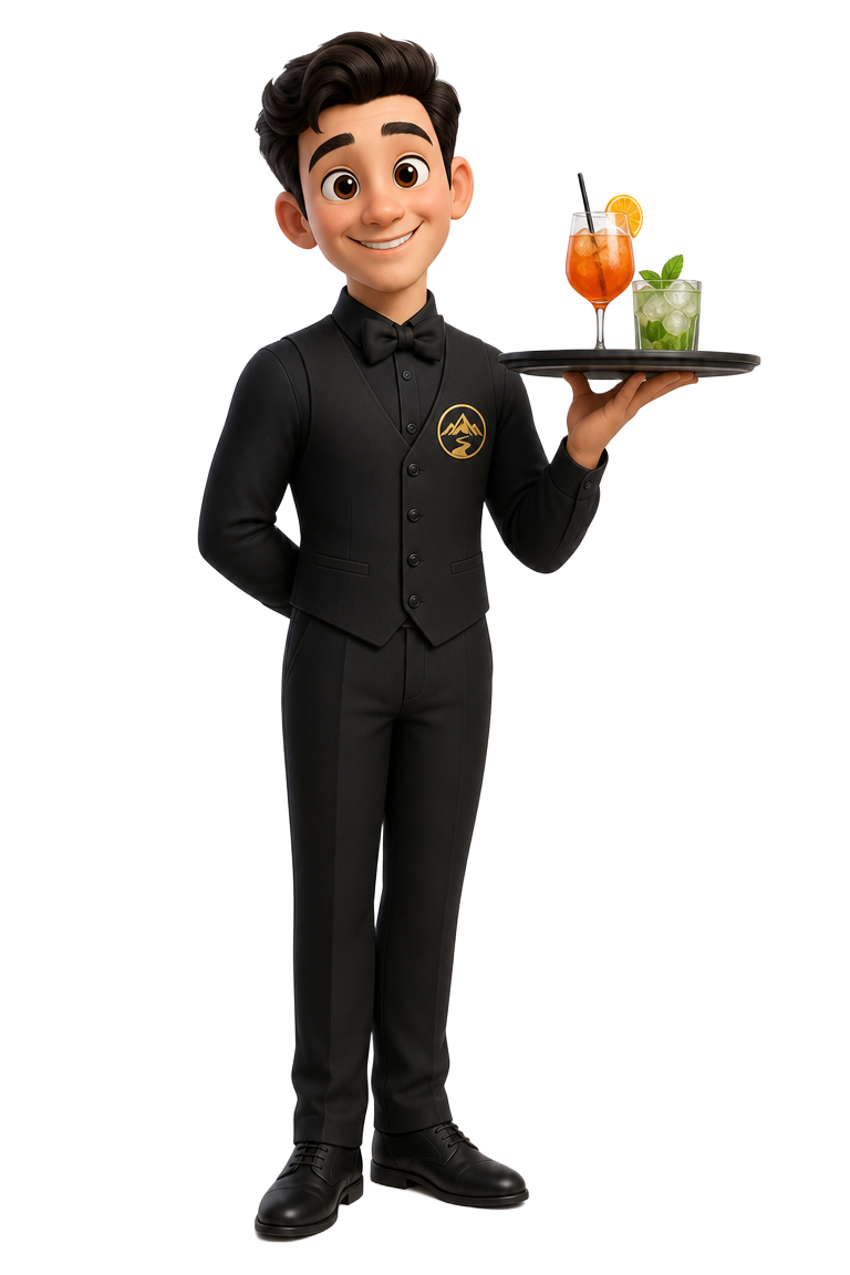 Cartoon waiter in a black The 17th Mile uniform carrying a drinks tray